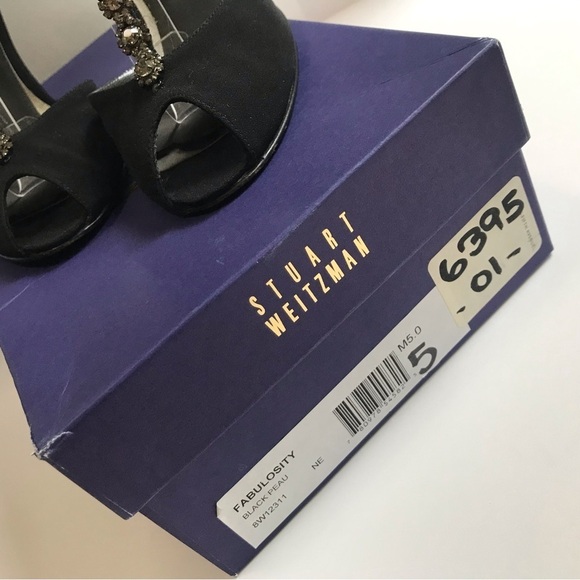 Stuart Weitzman Black Satin Peep Toe Heels Crystal Embellishment T-Strap Sz 5 - Picture 10 of 16